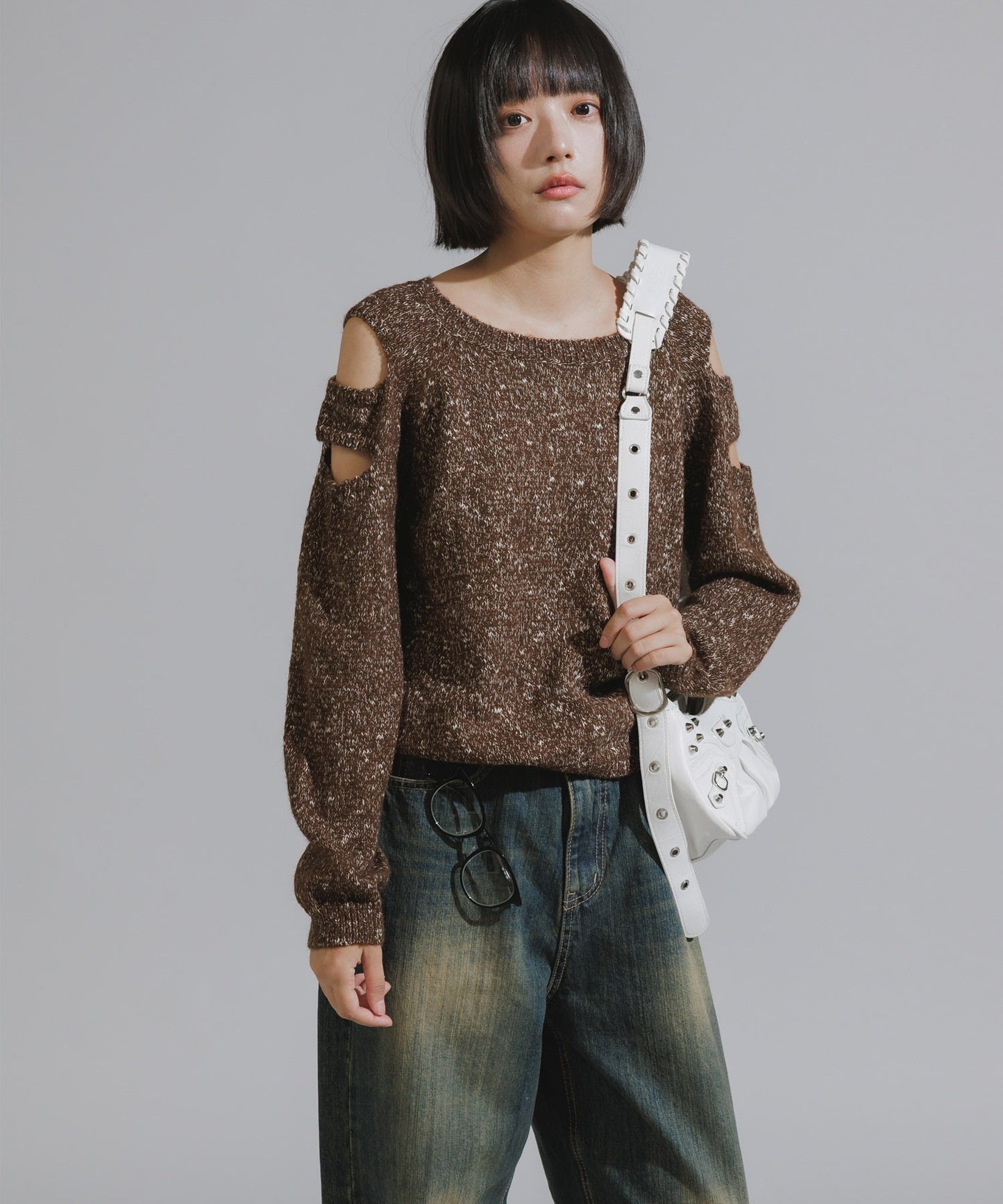 Shoulder Cutout Design Melange Knit