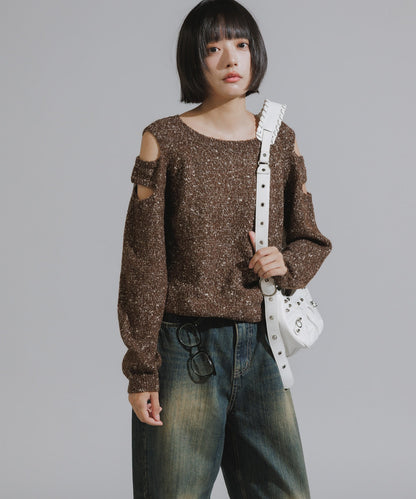 Shoulder Cutout Design Melange Knit