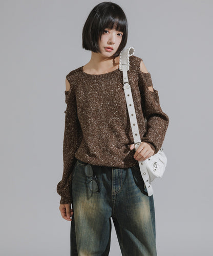 Shoulder Cutout Design Melange Knit