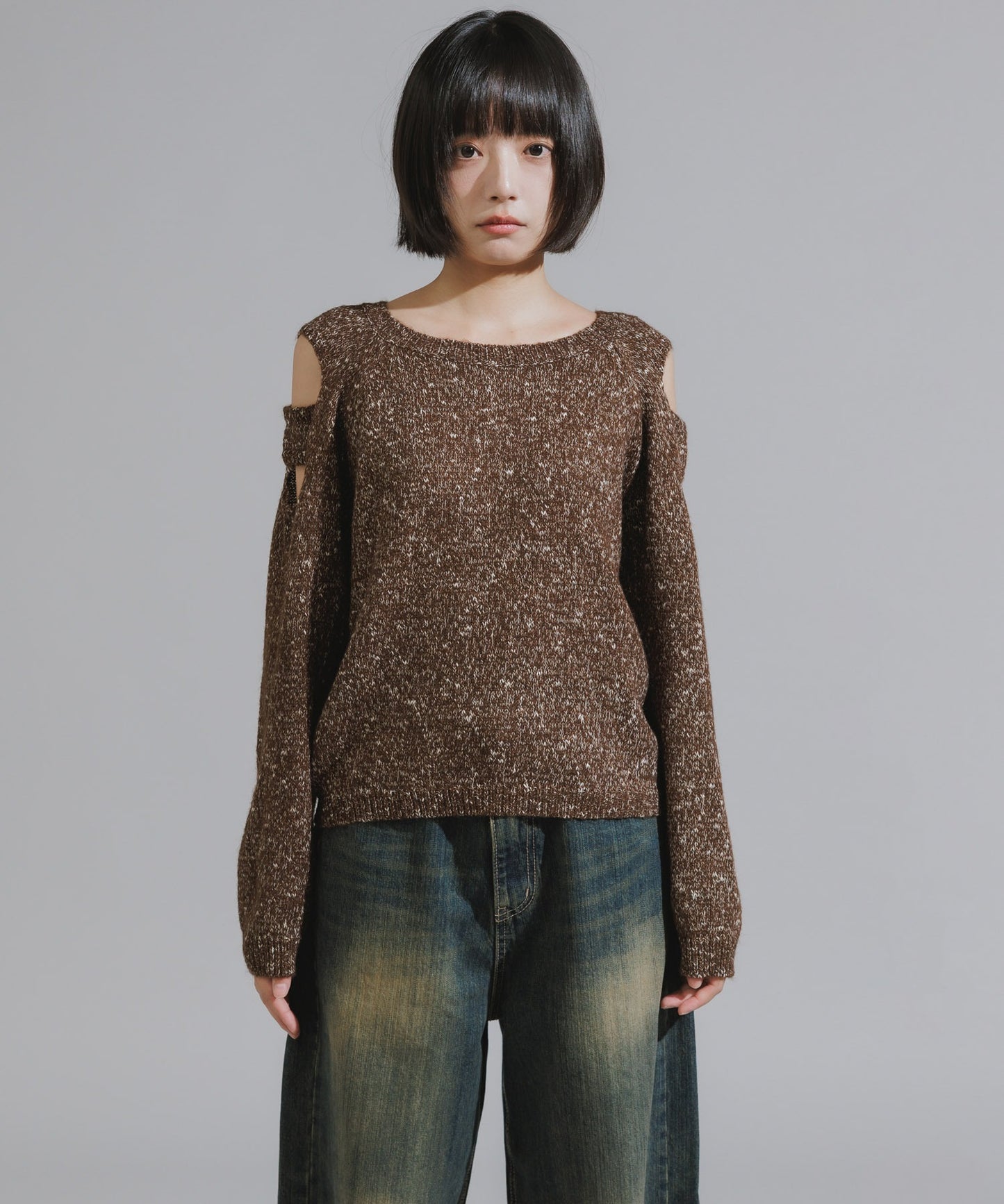 Shoulder Cutout Design Melange Knit