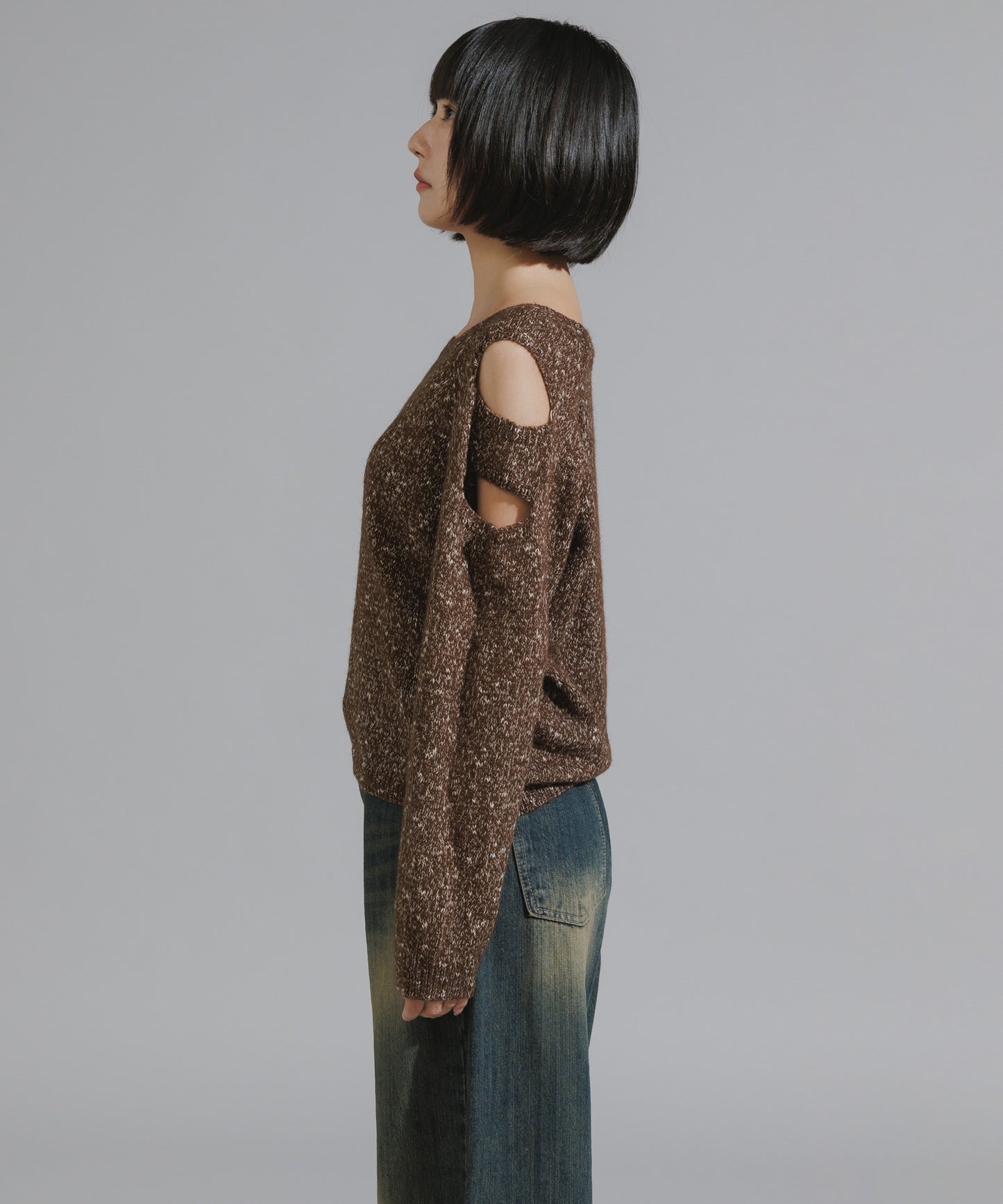 Shoulder Cutout Design Melange Knit