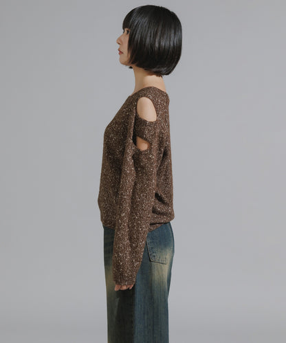 Shoulder Cutout Design Melange Knit