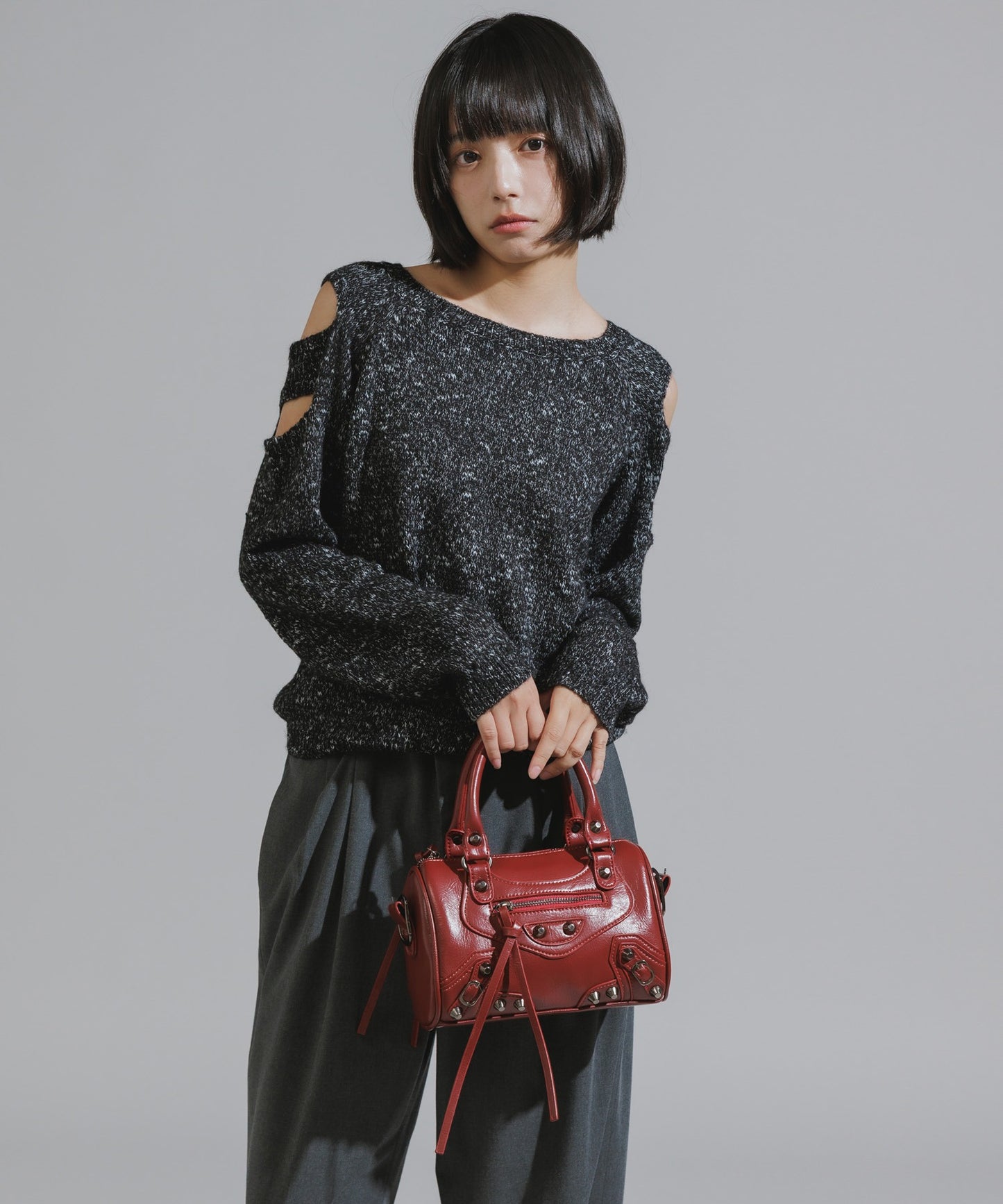 Shoulder Cutout Design Melange Knit