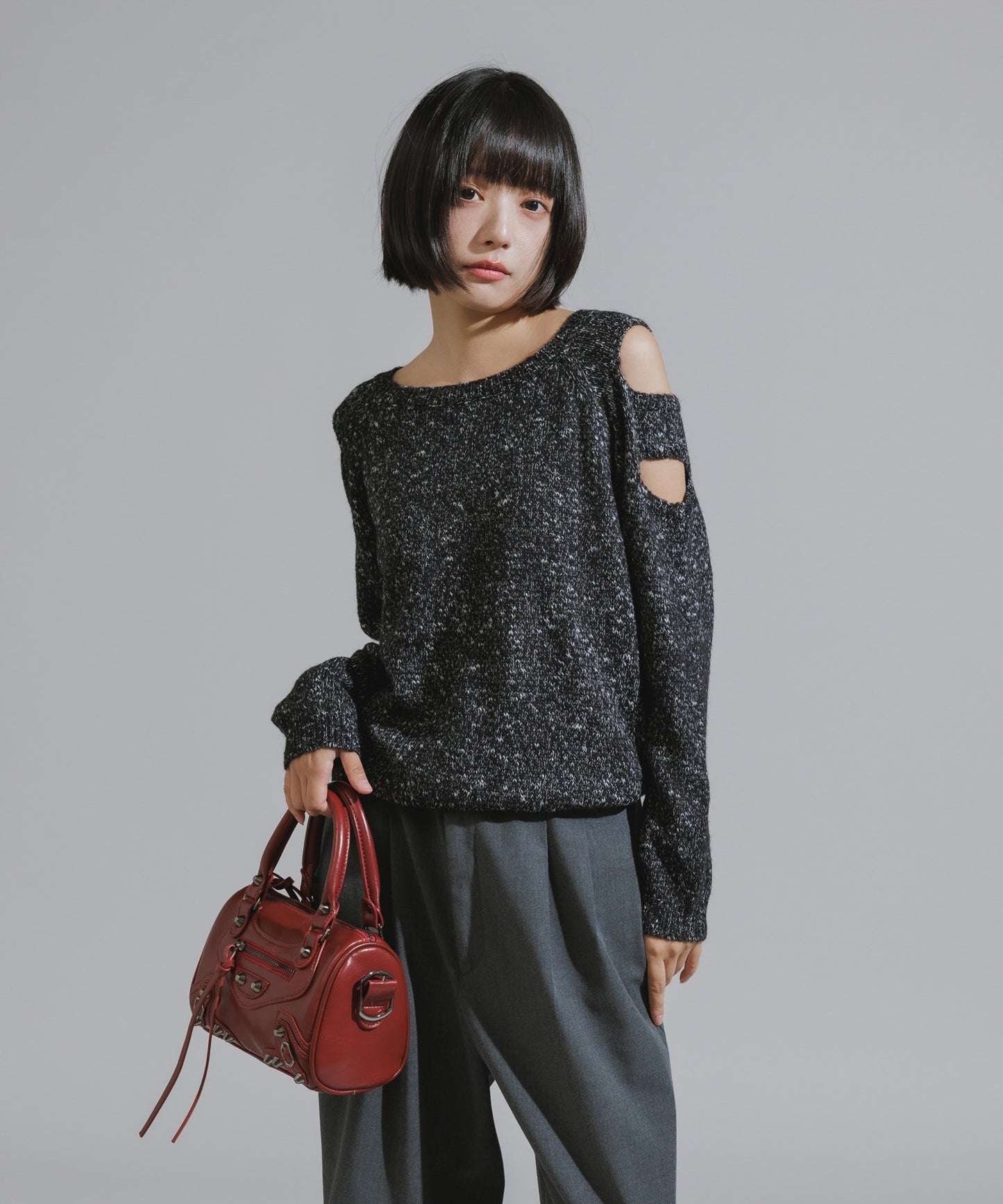 Shoulder Cutout Design Melange Knit