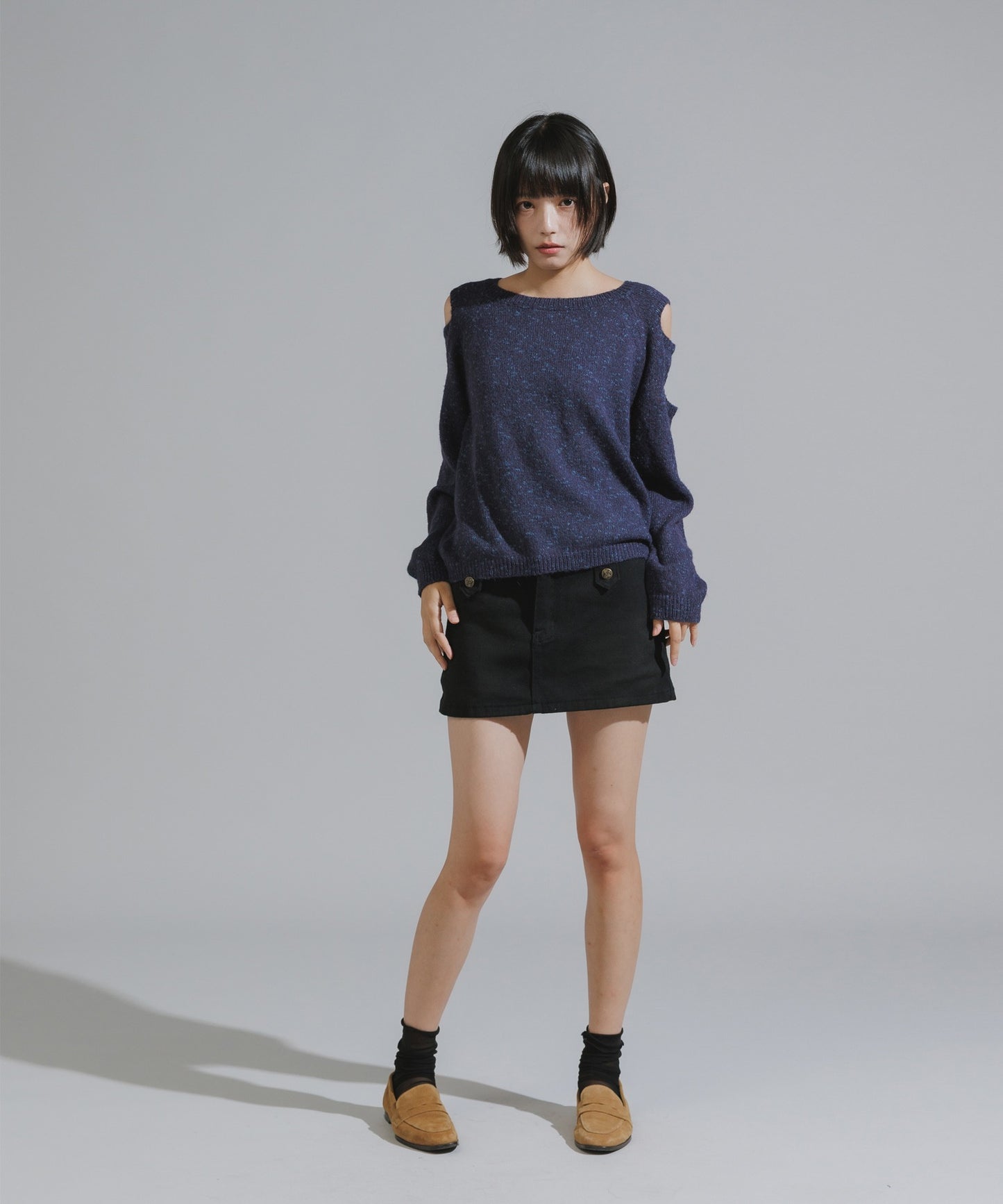 Shoulder Cutout Design Melange Knit