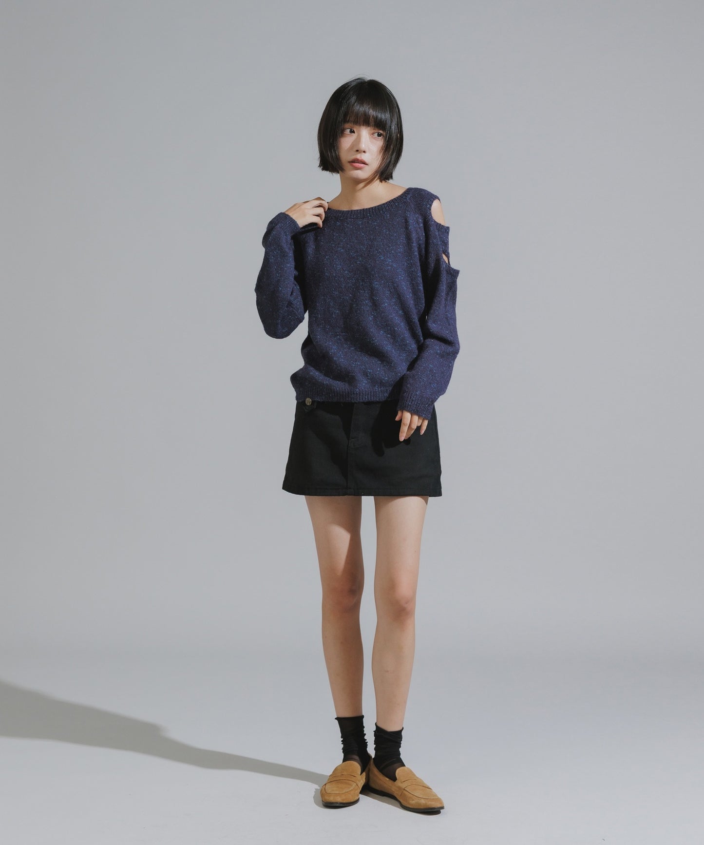 Shoulder Cutout Design Melange Knit