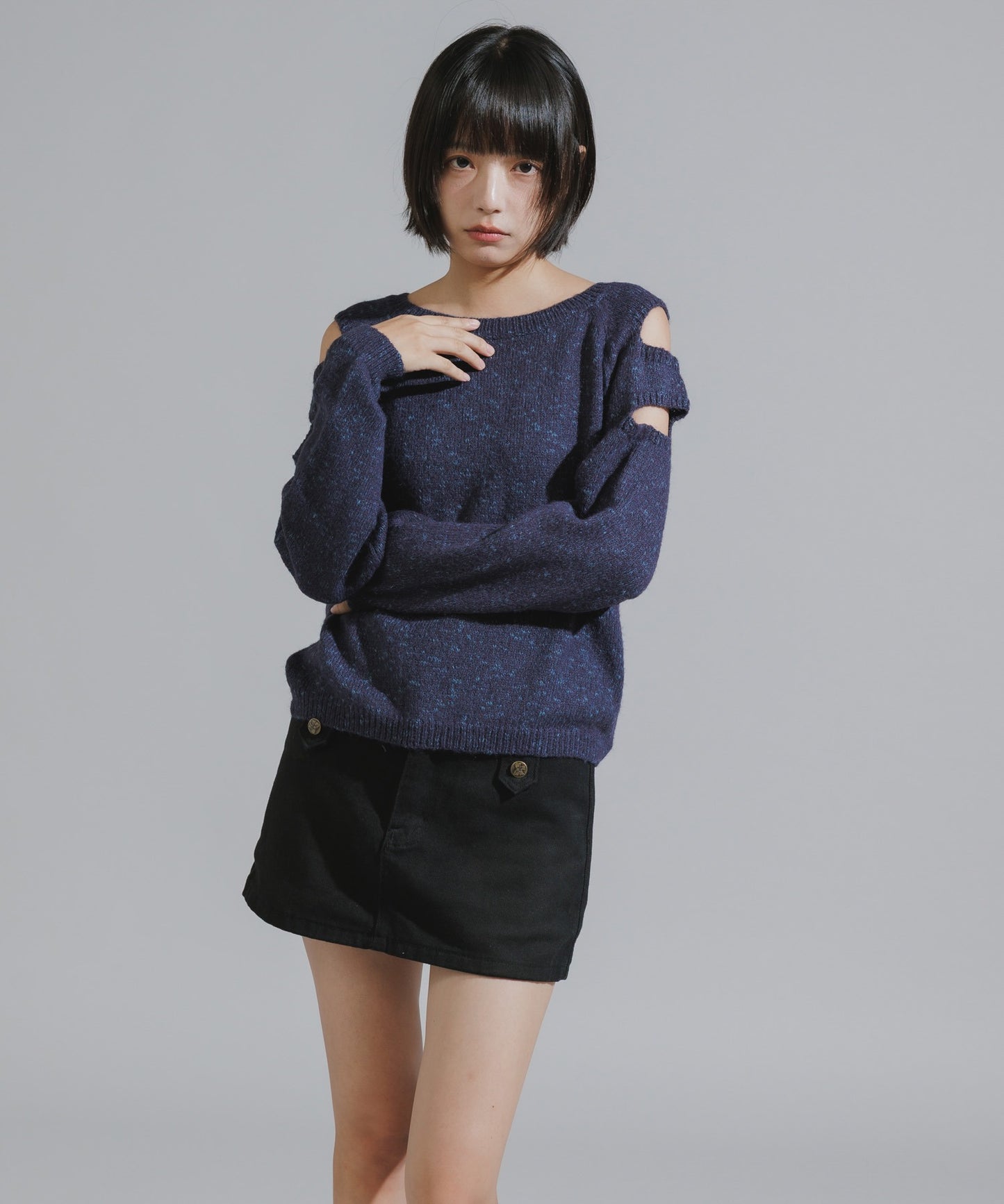 Shoulder Cutout Design Melange Knit