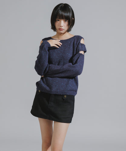 Shoulder Cutout Design Melange Knit