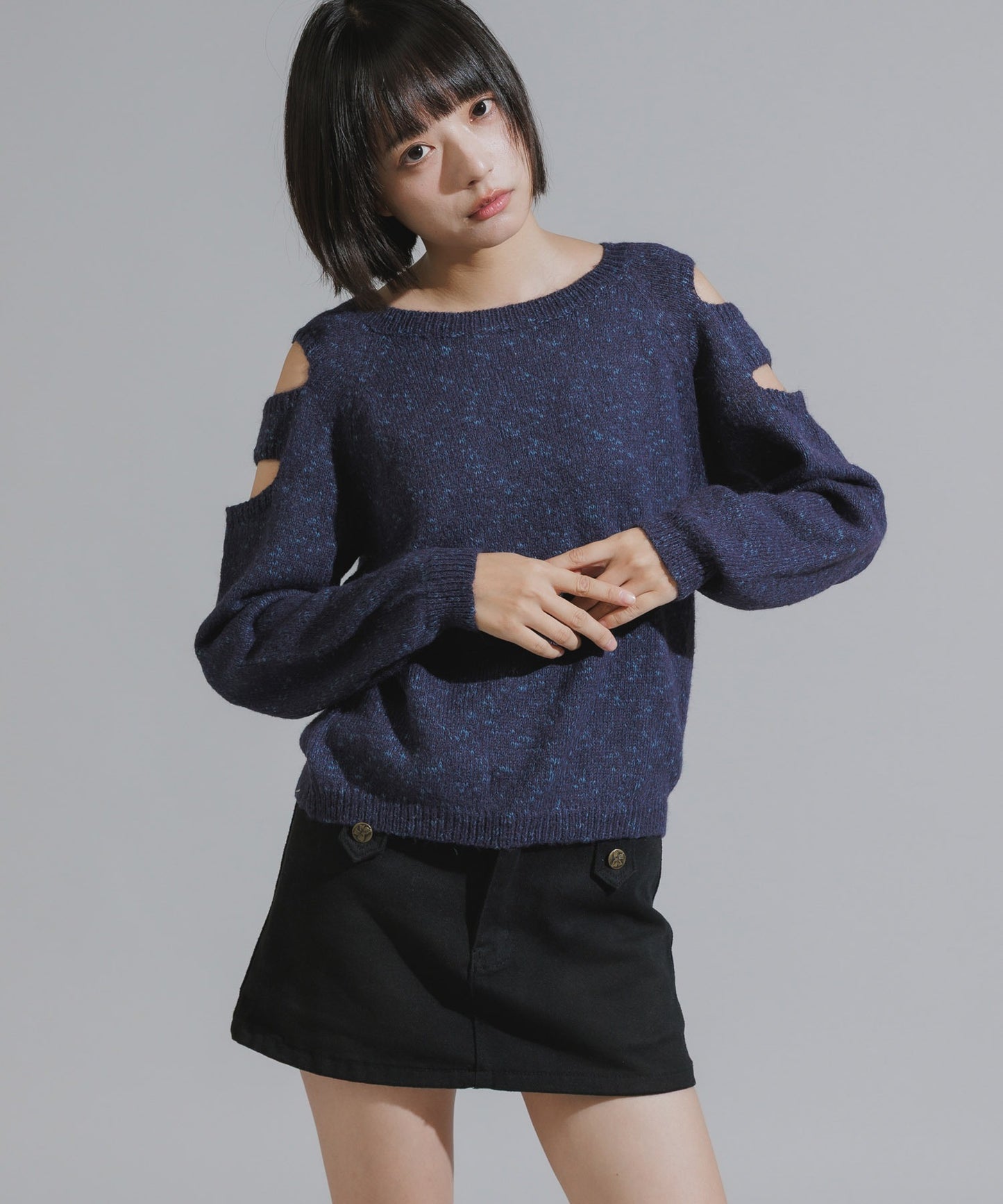 Shoulder Cutout Design Melange Knit