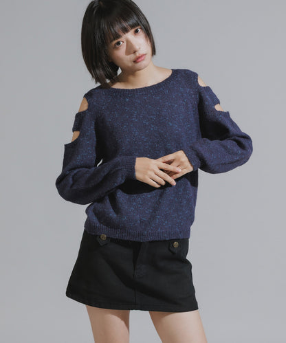 Shoulder Cutout Design Melange Knit