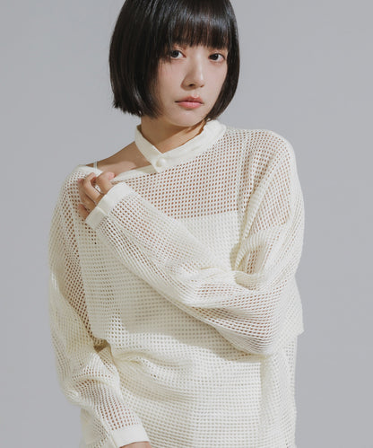 One-Shoulder Wool Mesh Knit