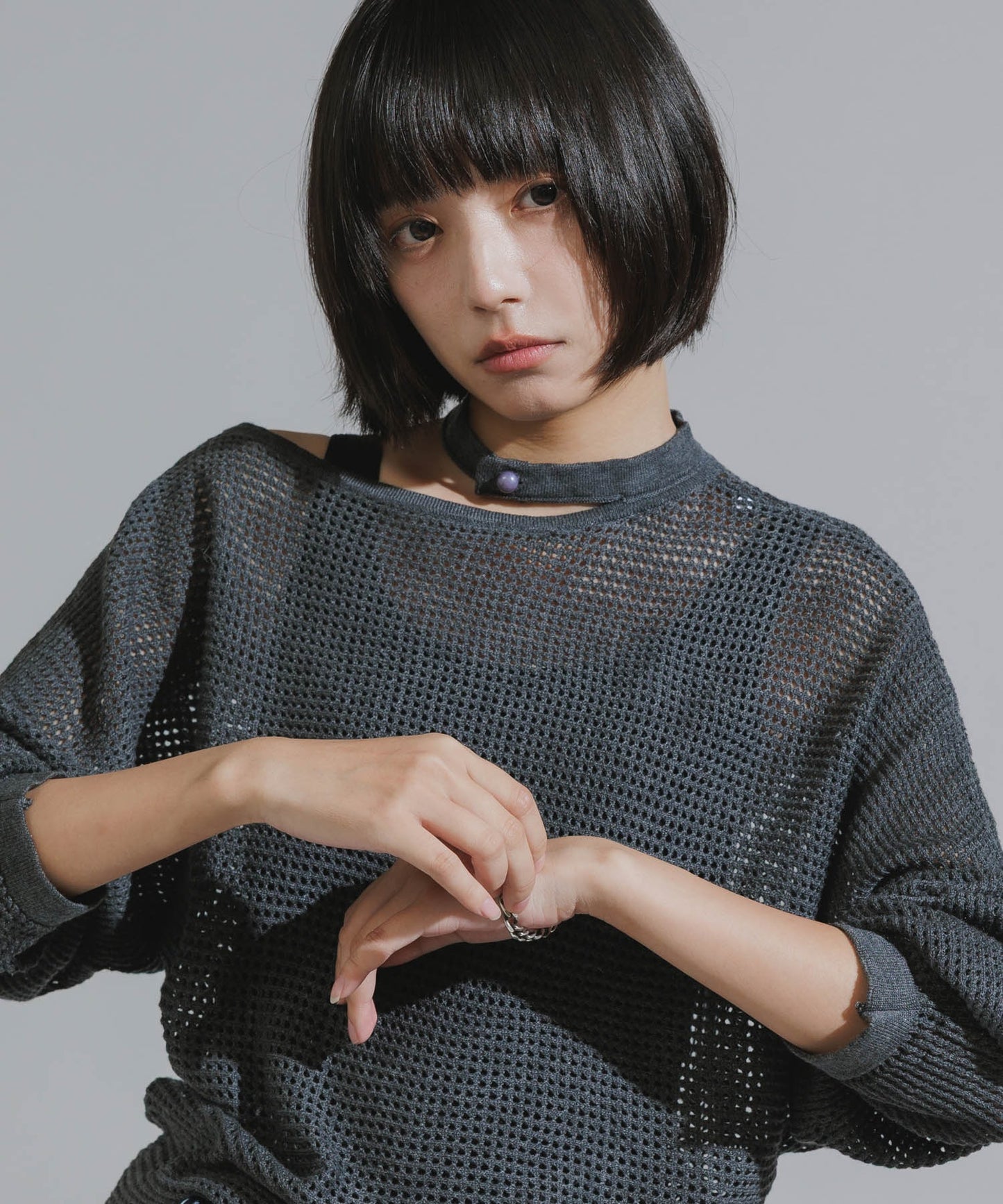 One-Shoulder Wool Mesh Knit