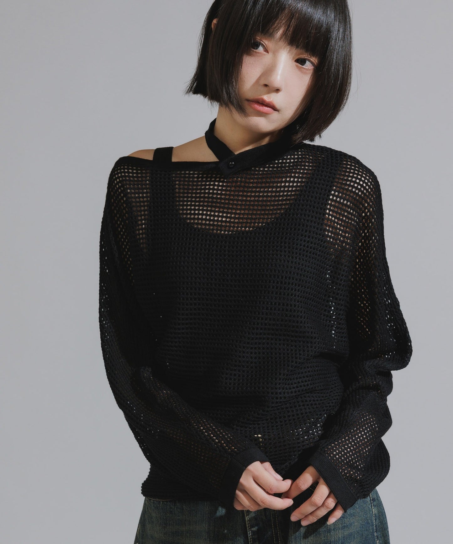 One-Shoulder Wool Mesh Knit