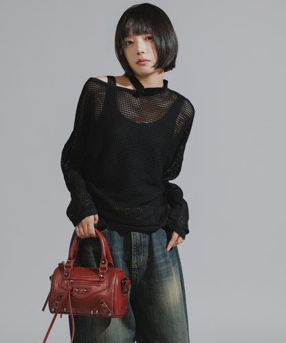 One-Shoulder Wool Mesh Knit