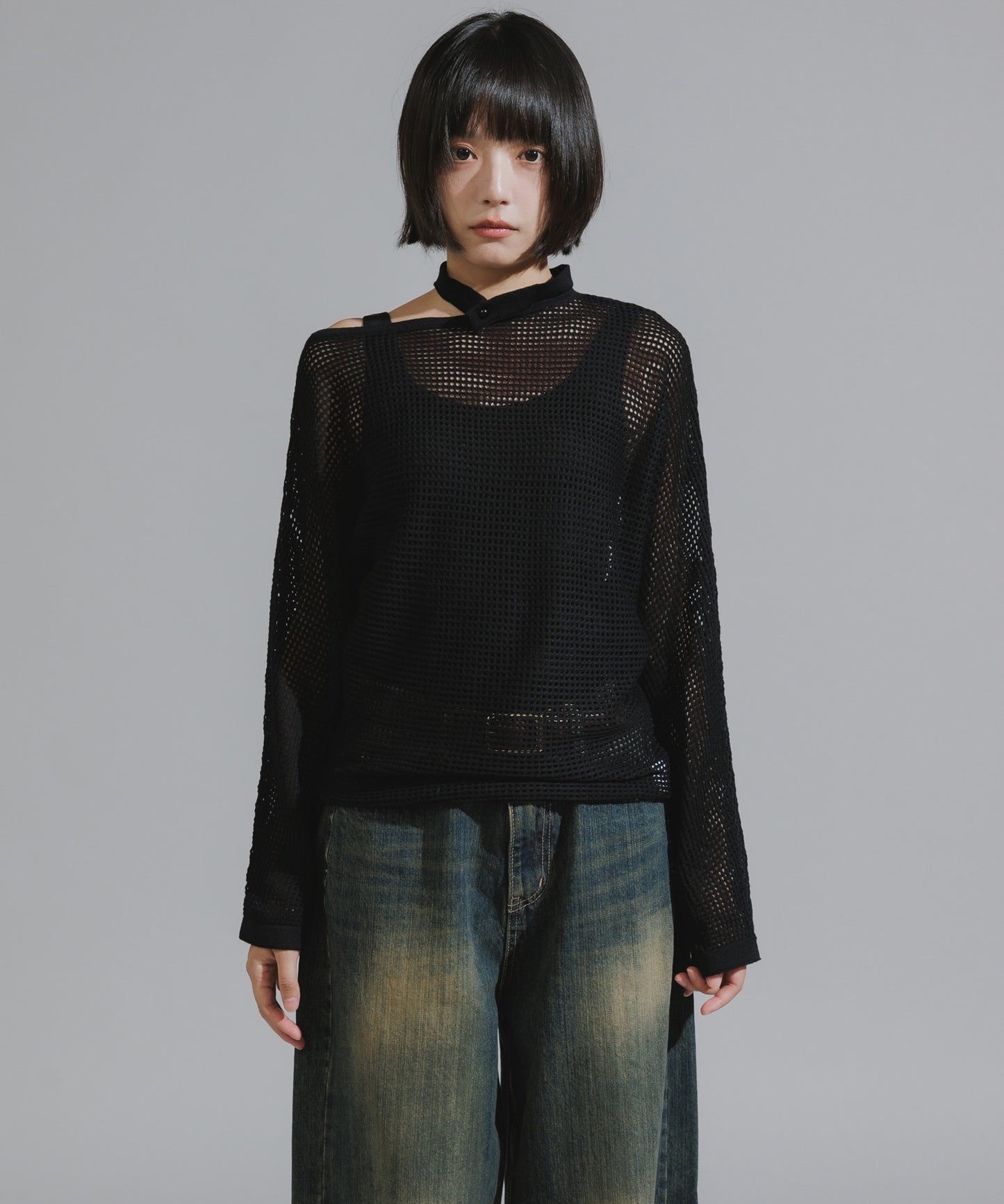 One-Shoulder Wool Mesh Knit