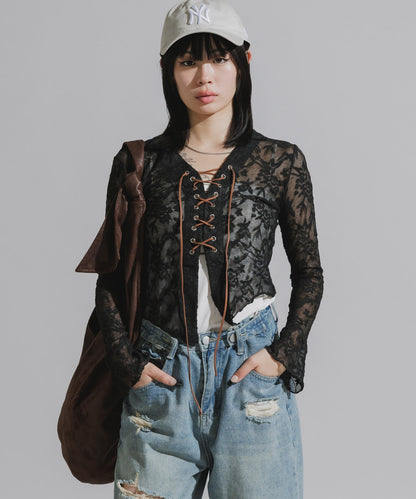Lace-Up Floral Lace Tops / レースアップ 花柄レーストップス